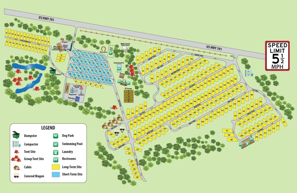 Detailed campground map showing tent sites, cabins, amenities, and layout near US Highway 701.