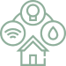 Icon representing smart home technology with symbols for light, Wi-Fi, and water management.
