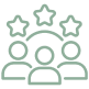 Icon representing customer feedback and ratings with three people and stars, symbolizing user satisfaction and reviews.
