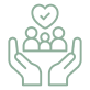 Illustration of hands holding a group of people with a heart symbol, representing community support and care.