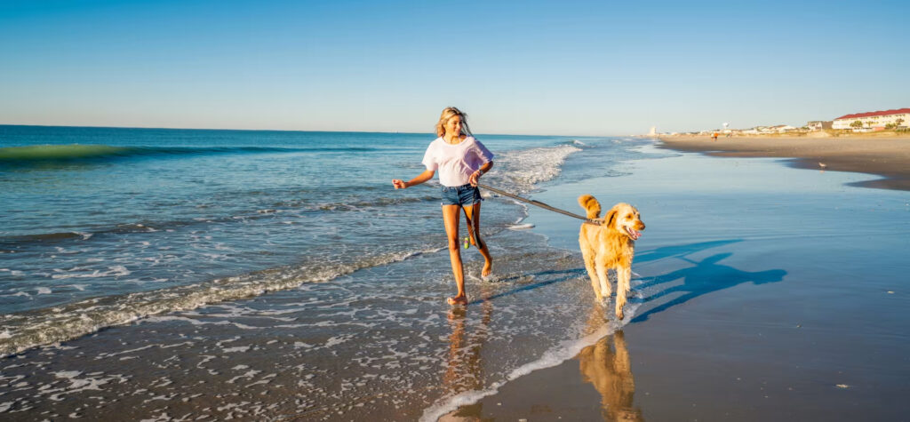 A woman joyfully runs along the beach with her golden retriever, enjoying a sunny day by the ocean waves.