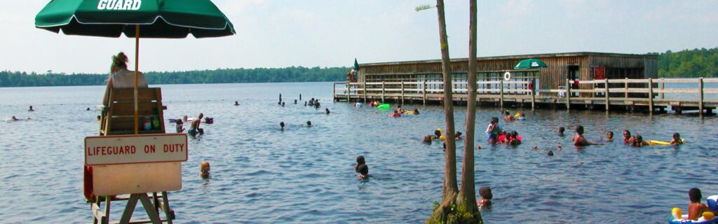 A busy lake scene with swimmers enjoying the water, a lifeguard on duty, and a wooden dock in the background.