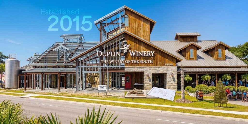 Duplin Winery, established in 2015, showcasing its unique architecture and inviting atmosphere in the South.